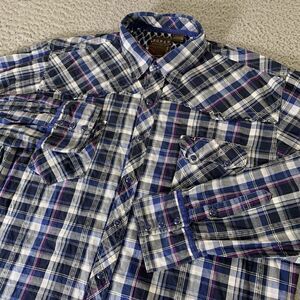Roper Western Shirt Mens XL Snap Blue Plaid Sawtooth Double Pockets Cowboy Ranch